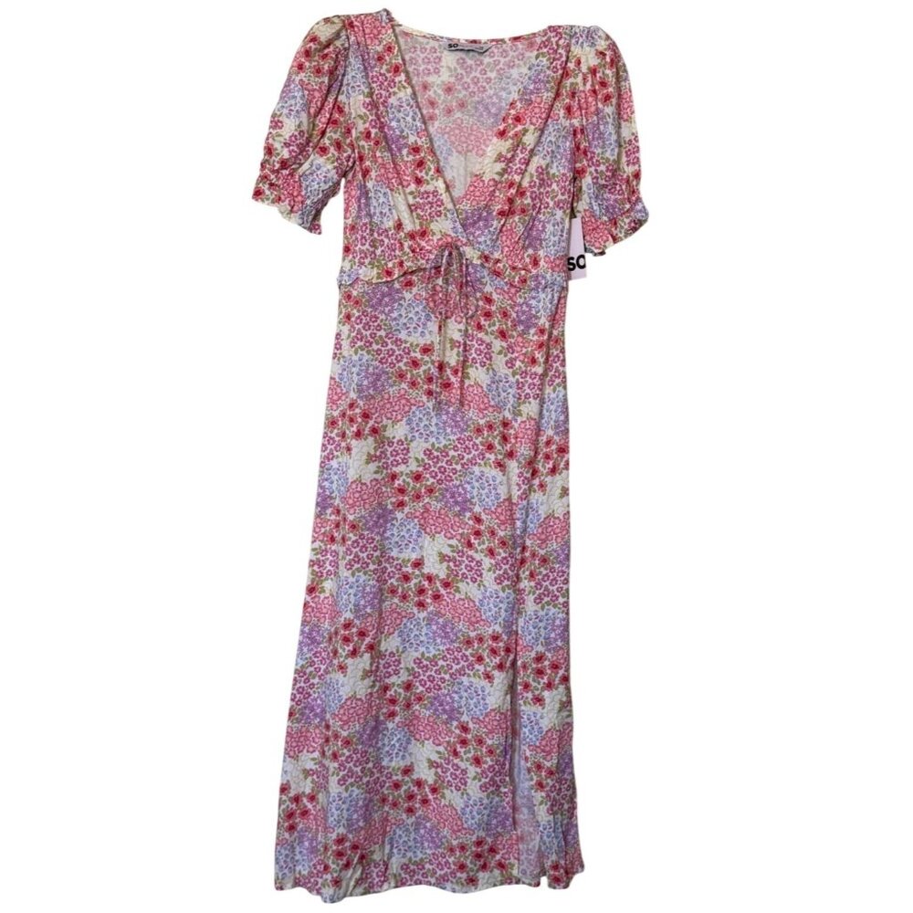 SO Goods For Life Puffed Sleeve Side Slit Midi Floral Sundress Junior's Size XS